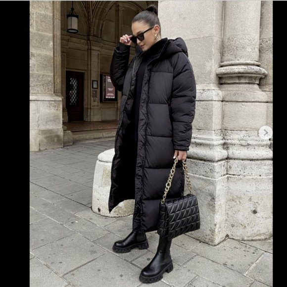 ZARA WOMEN NEW EXTRA-LONG WATER-REPELLENT PUFFER COAT BLACK 4391/700 BLOGGERS - Picture 3 of 15